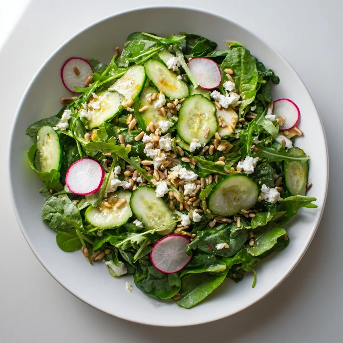 A vibrant Spring Greens Salad with Lemon Vinaigrette featuring crisp greens, cucumber, radish, and a light citrus dressing.  