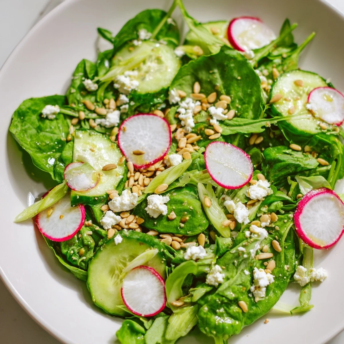 Healthy Spring Greens Salad with Lemon Vinaigrette served in a white bowl, perfect for a refreshing vegetarian lunch.