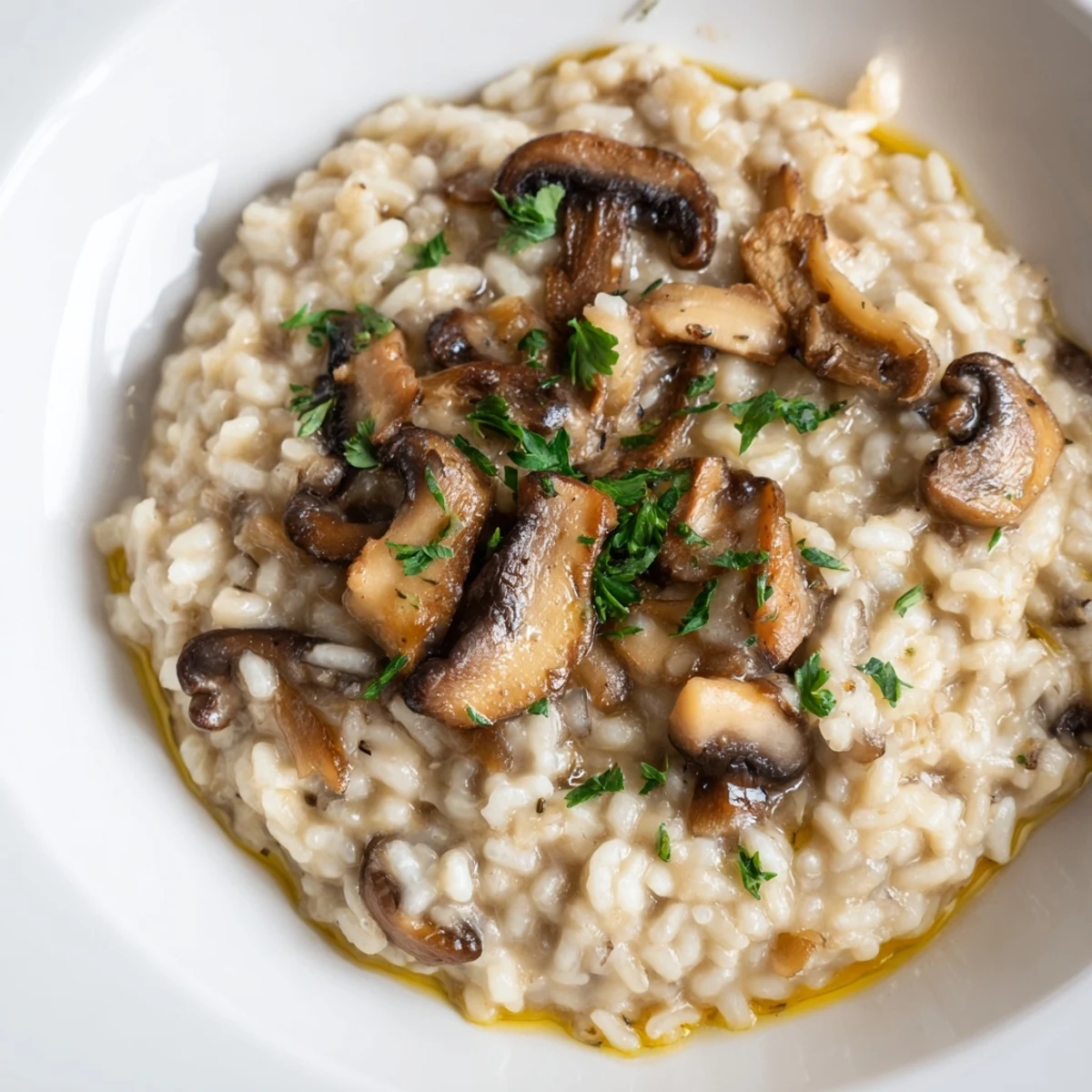 Creamy Mushroom Risotto with Truffle Oil in a white bowl, garnished with fresh parsley and a sprinkle of Parmesan.