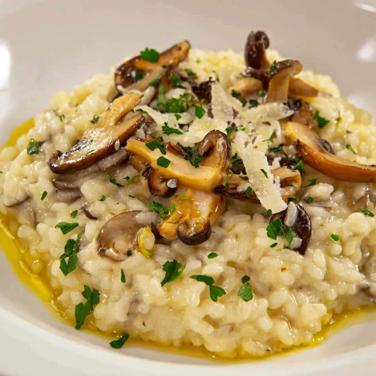 Plate of Creamy Mushroom Risotto with Truffle Oil next to a glass of white wine.