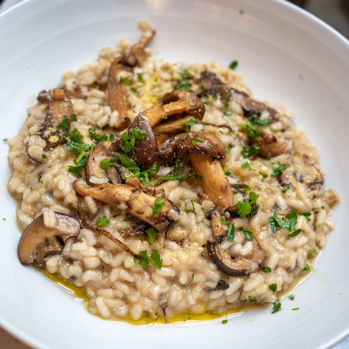 A close-up of Creamy Mushroom Risotto with Truffle Oil on a rustic wooden table, showing rich texture.
