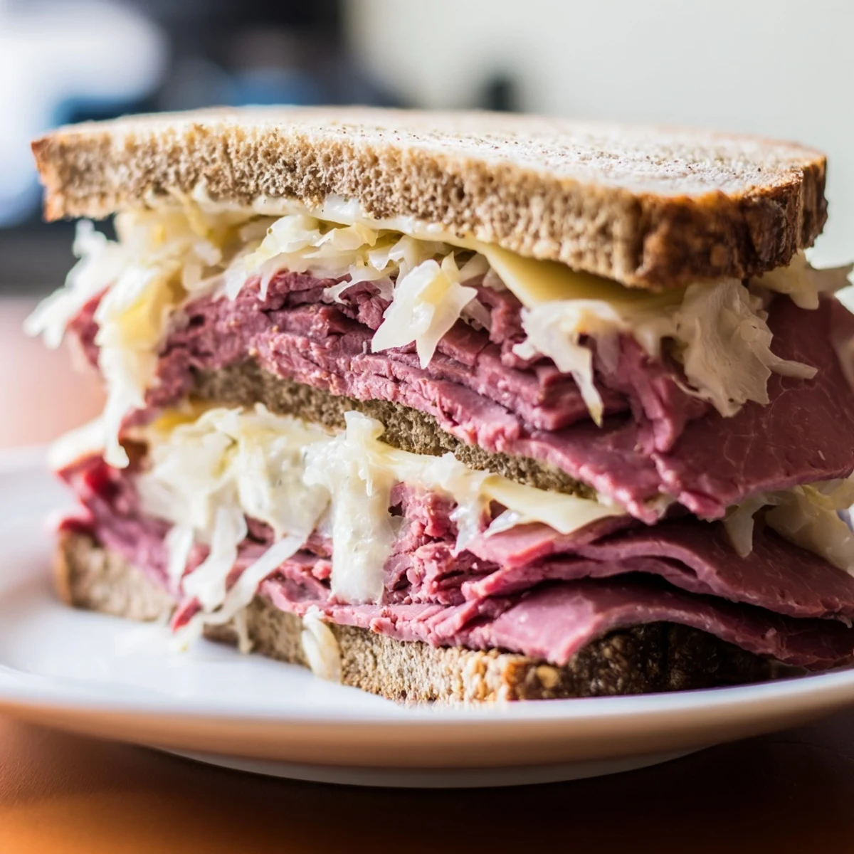 Grilled golden rye bread encasing melted Swiss cheese with tangy sauerkraut and tender corned beef, served hot with a side of potato chips.