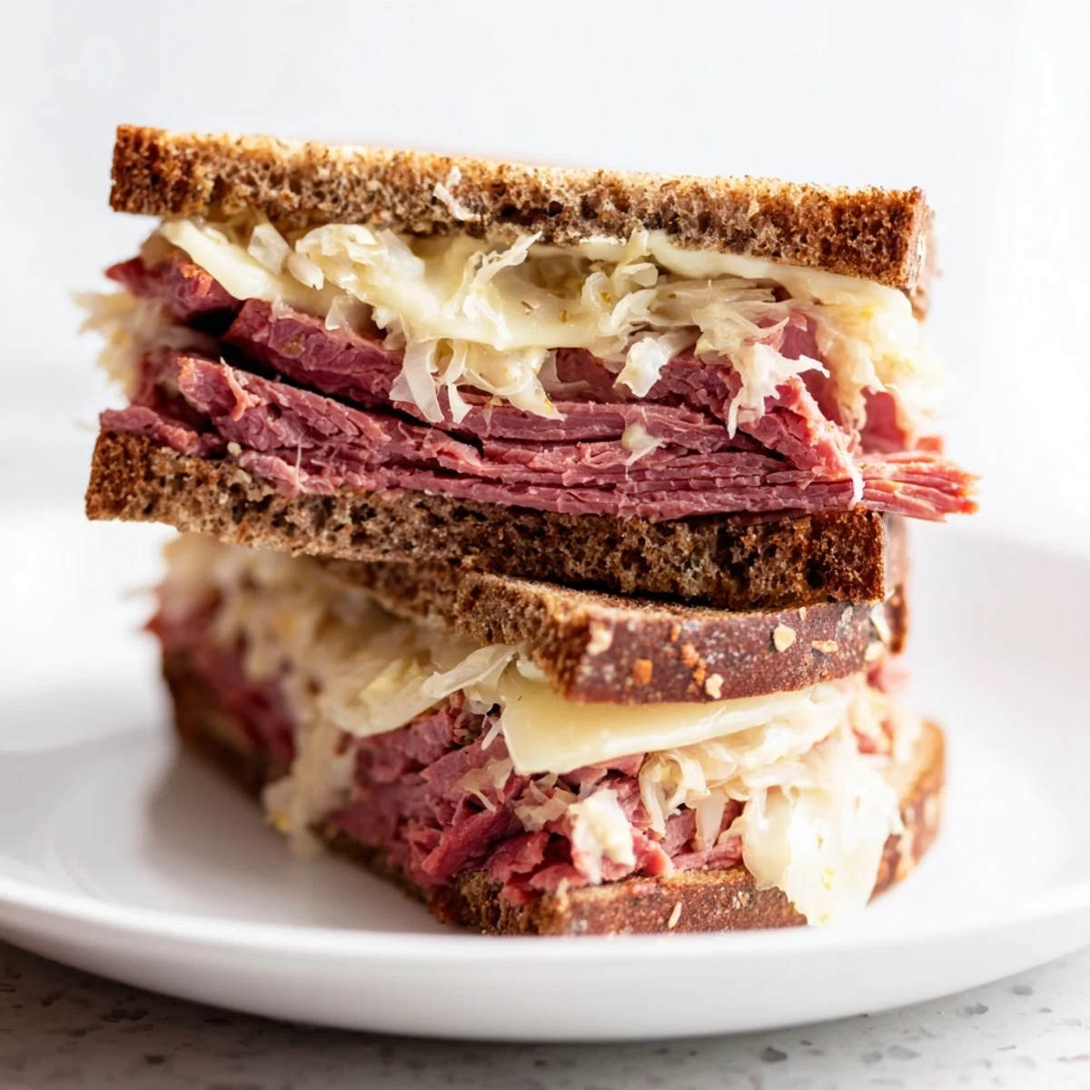 Perfectly assembled Corned Beef Sandwich on Rye with melted Swiss and sauerkraut, ready to enjoy for a quick lunch.