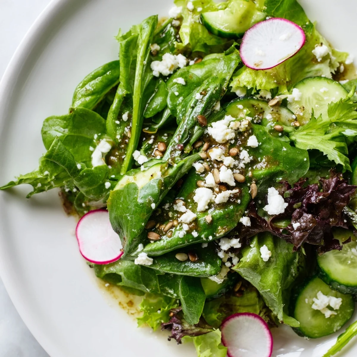 A vibrant Spring Greens Salad with Lemon Vinaigrette topped with crumbled feta and toasted sunflower seeds. 