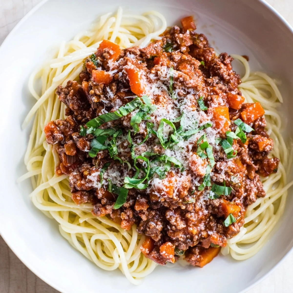 Plated Beef Bolognese with Spaghetti alongside garlic bread and a glass of red wine.