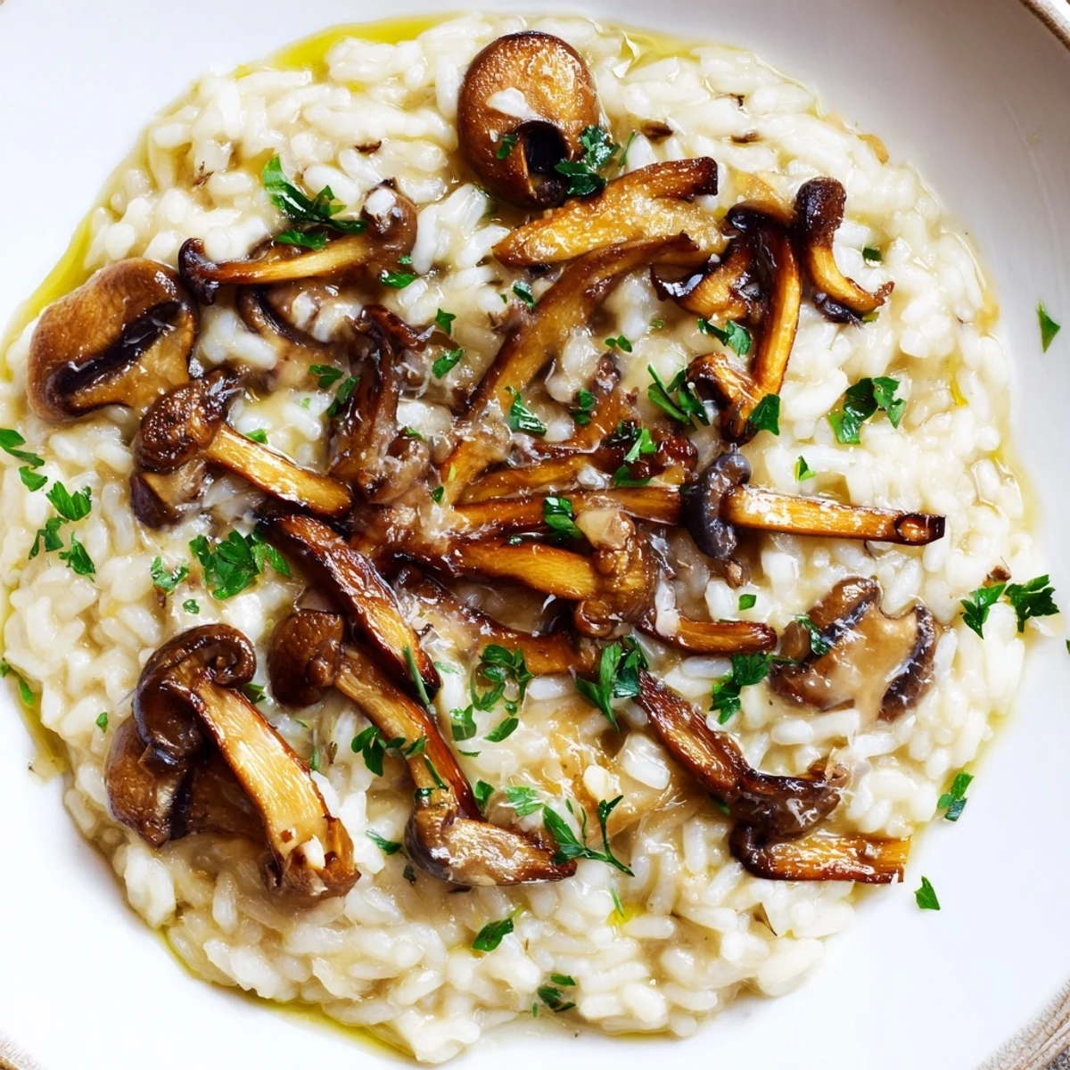 Creamy mushroom risotto with truffle oil served steaming in a white bowl, garnished with fresh parsley.  