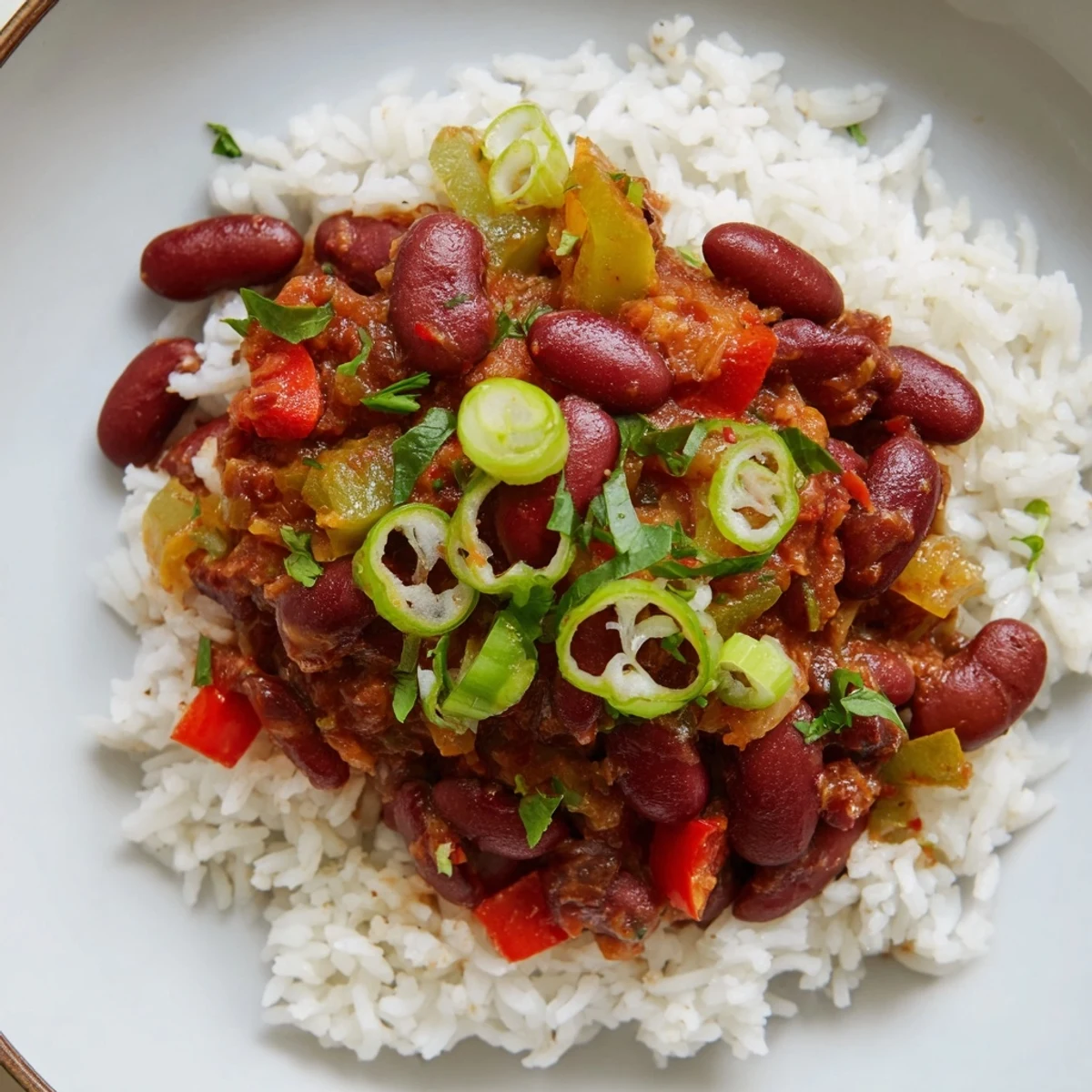 Serving of flavorful Mardi Gras Rice and Beans alongside a dash of hot sauce.