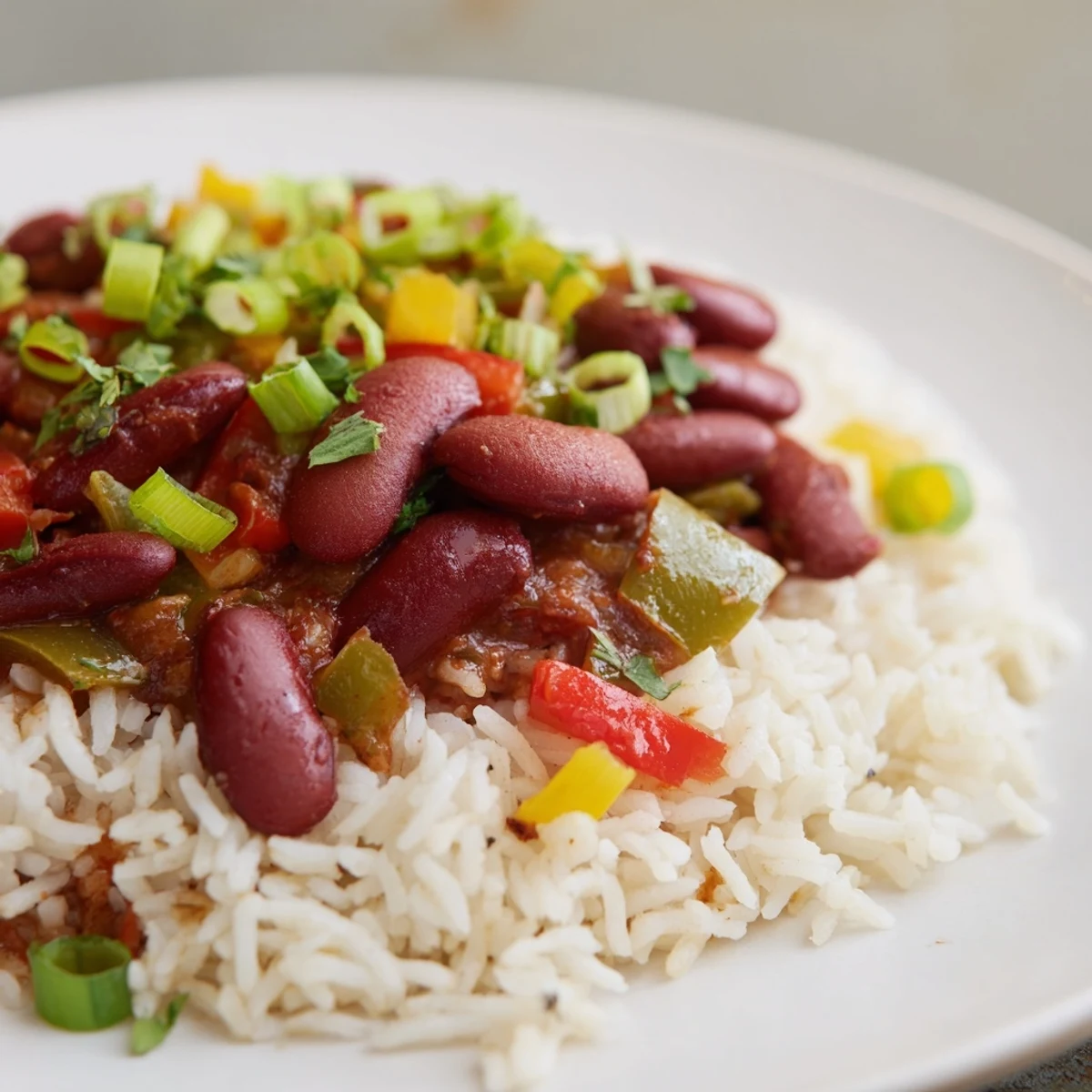 Hearty Mardi Gras Rice and Beans simmered with smoked paprika and fresh bell peppers.