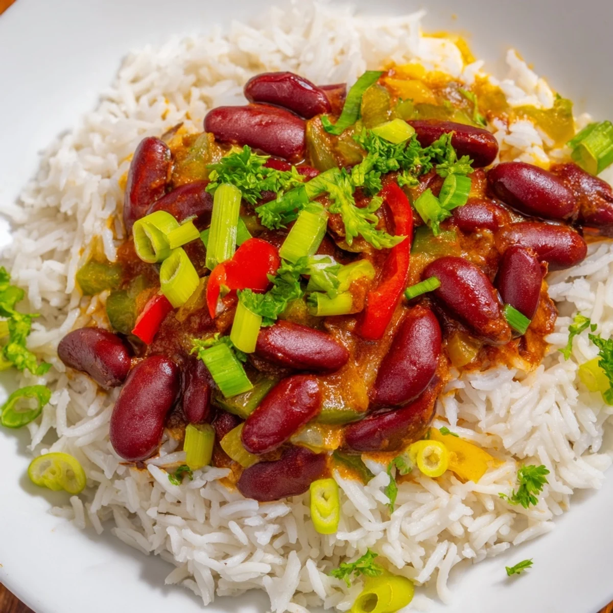 A vibrant bowl of Mardi Gras Rice and Beans topped with fresh green onions and parsley.