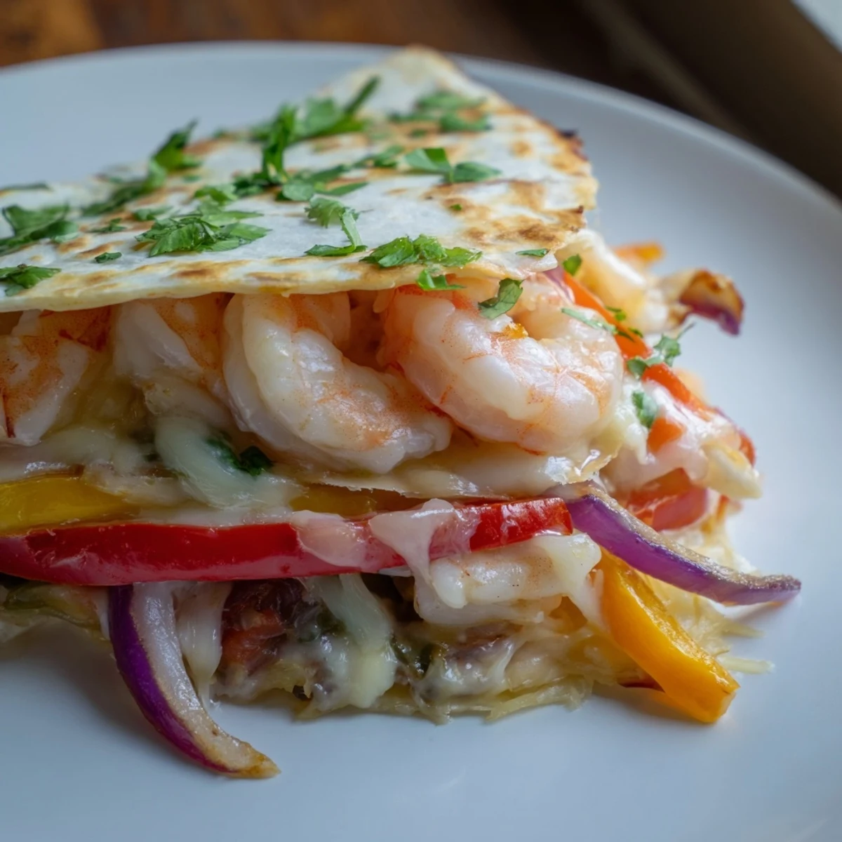 Juicy roasted shrimp and colorful peppers peek from inside golden Shrimp Fajita Sheet Pan Quesadillas.