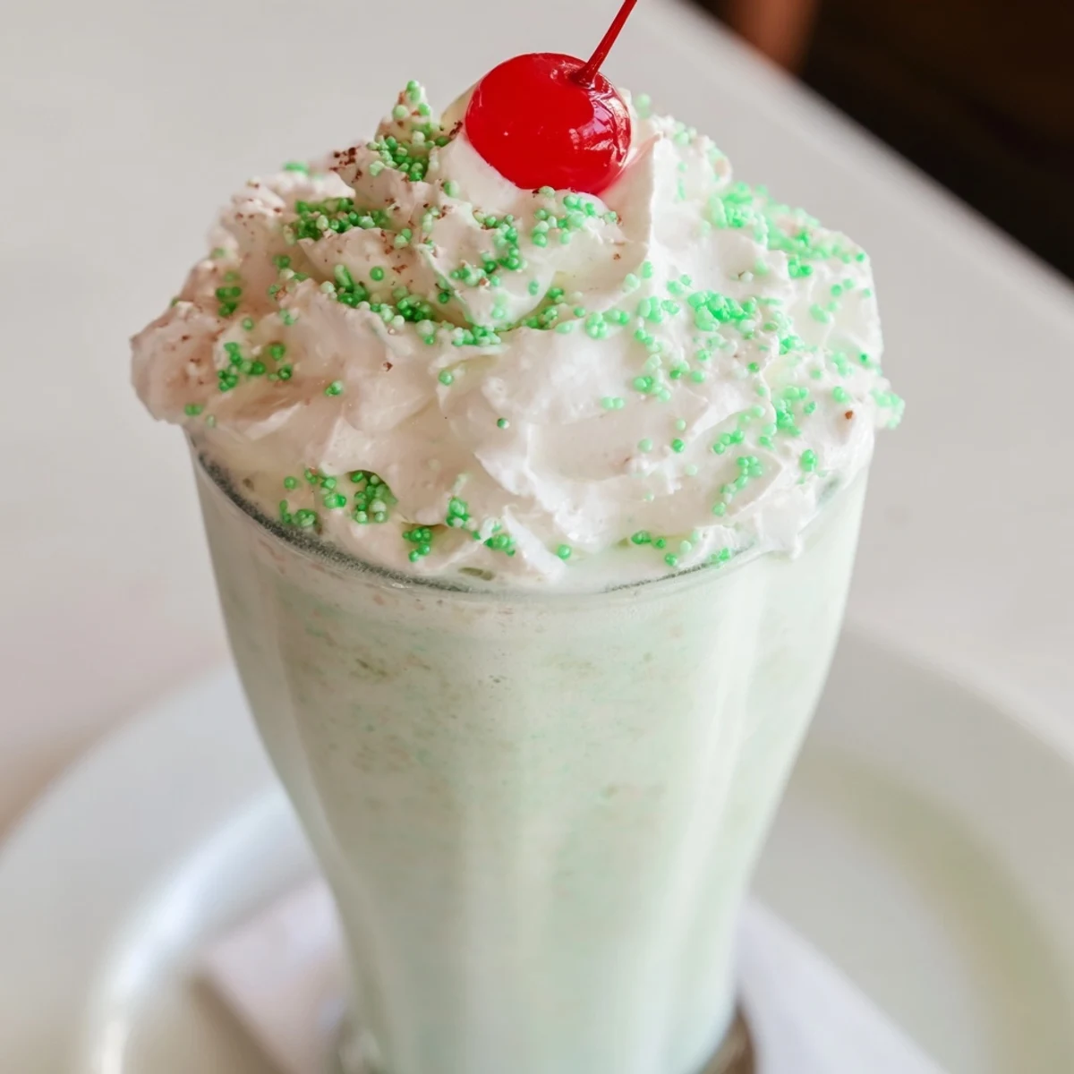 A vibrant, frosty glass of Homemade Copycat Shamrock Shake topped with whipped cream and green sprinkles.