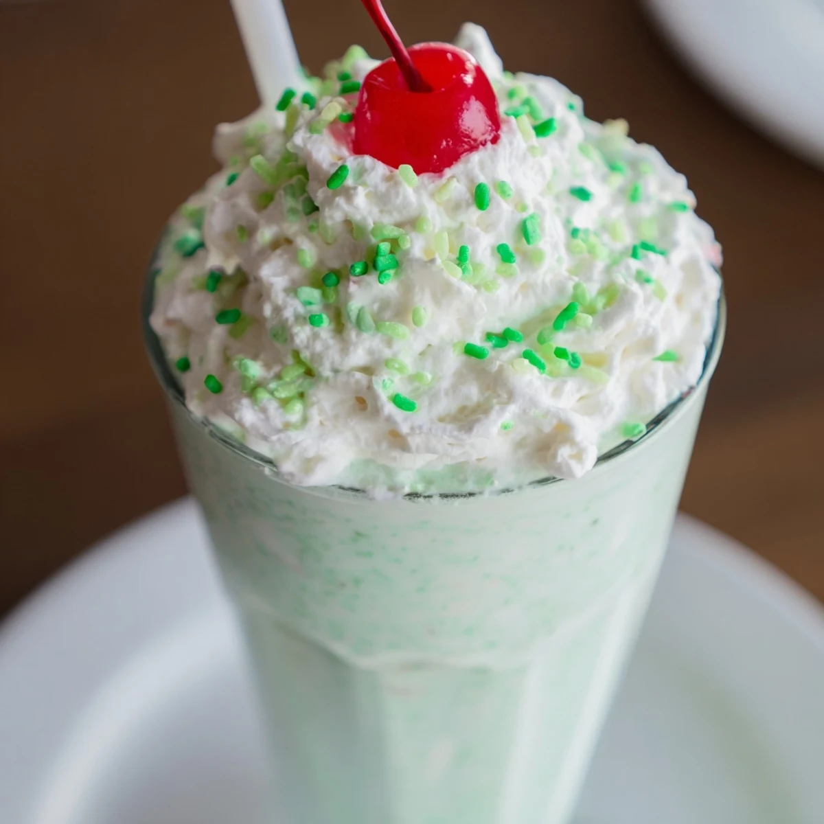 Close up of a frothy Homemade Copycat Shamrock Shake with a cherry on top on a marble counter.