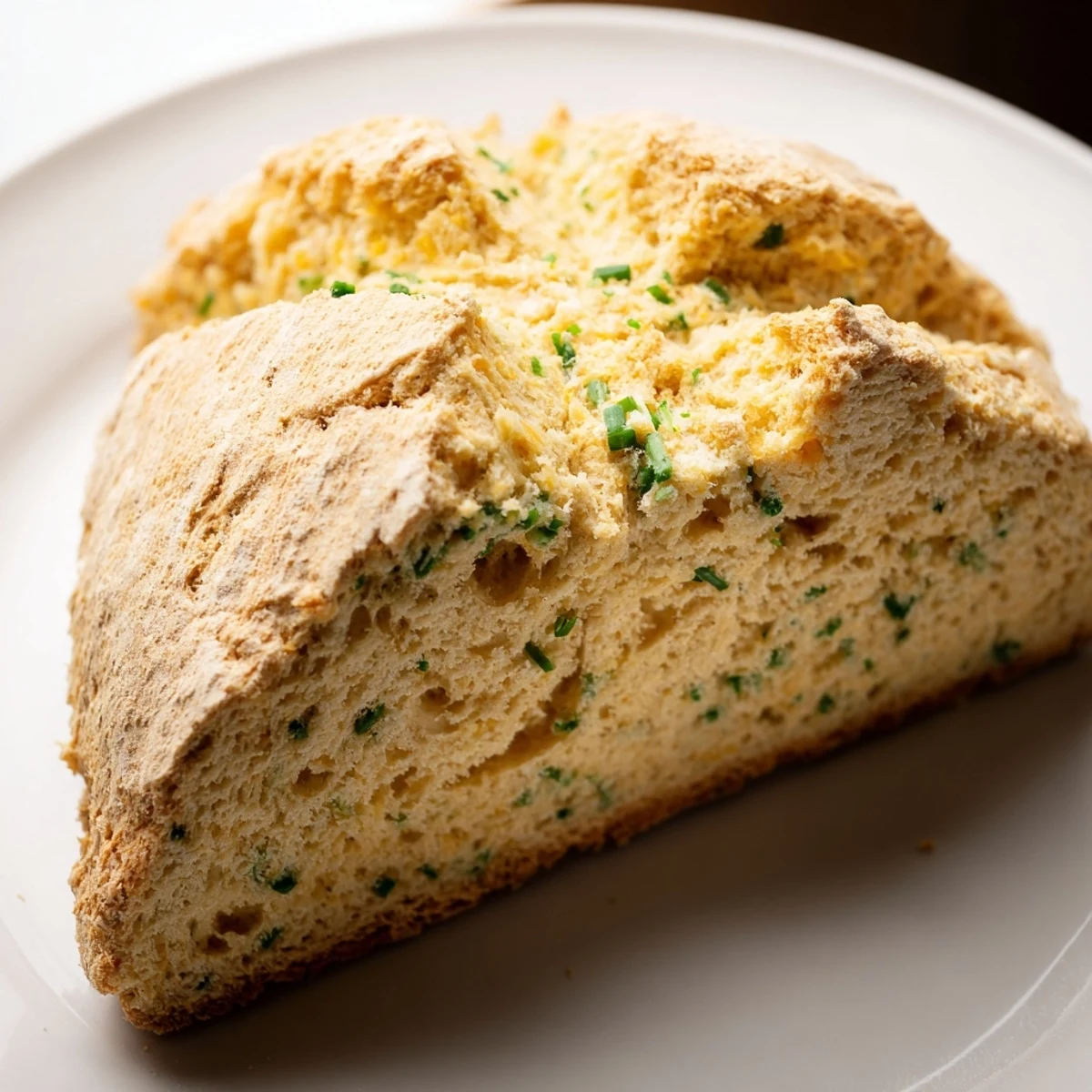 A golden loaf of Savory Herbed Cheddar Irish Soda Bread rests on a wooden board, ready to slice.