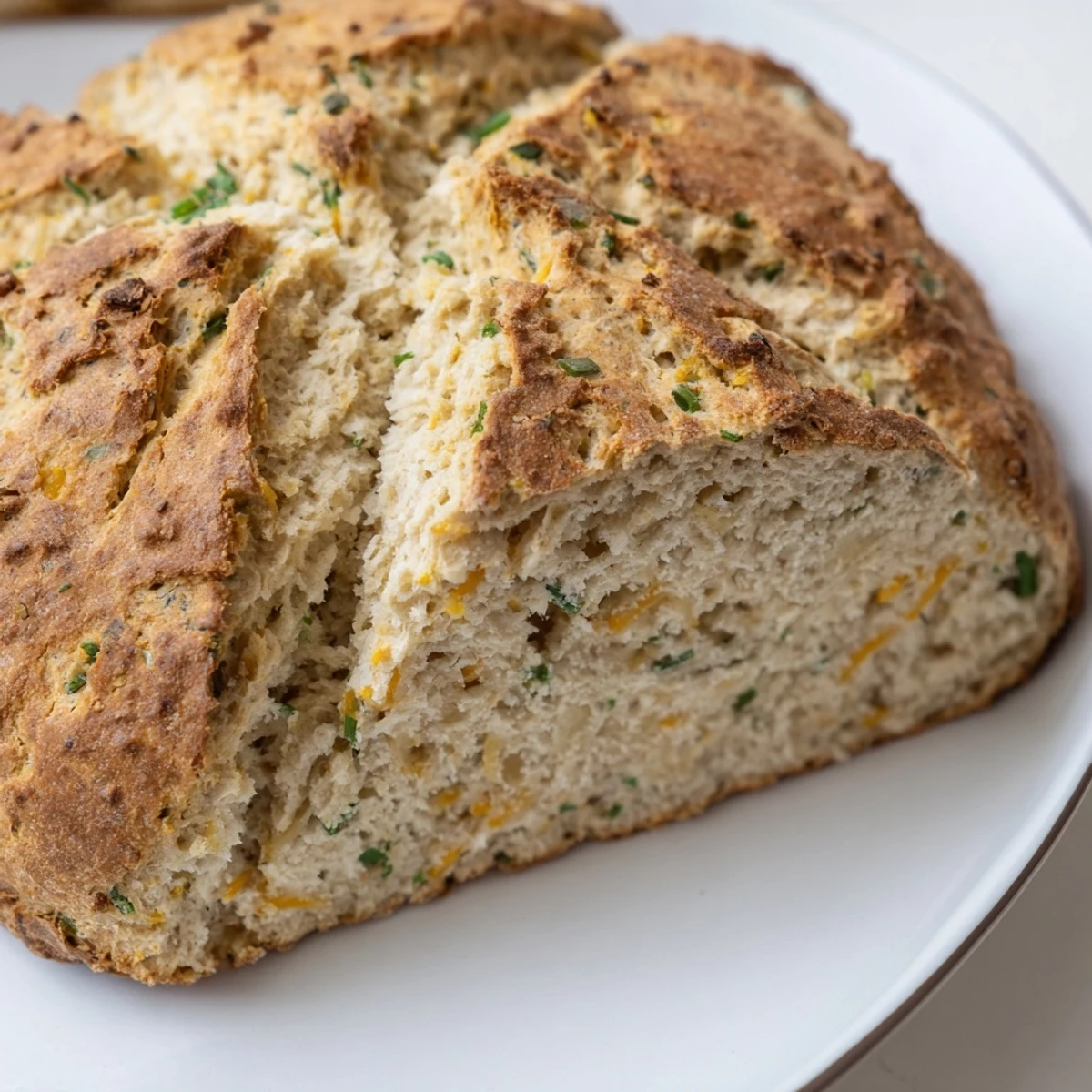 The crusty top of Savory Herbed Cheddar Irish Soda Bread shows a deep X cut, baked to perfection.
