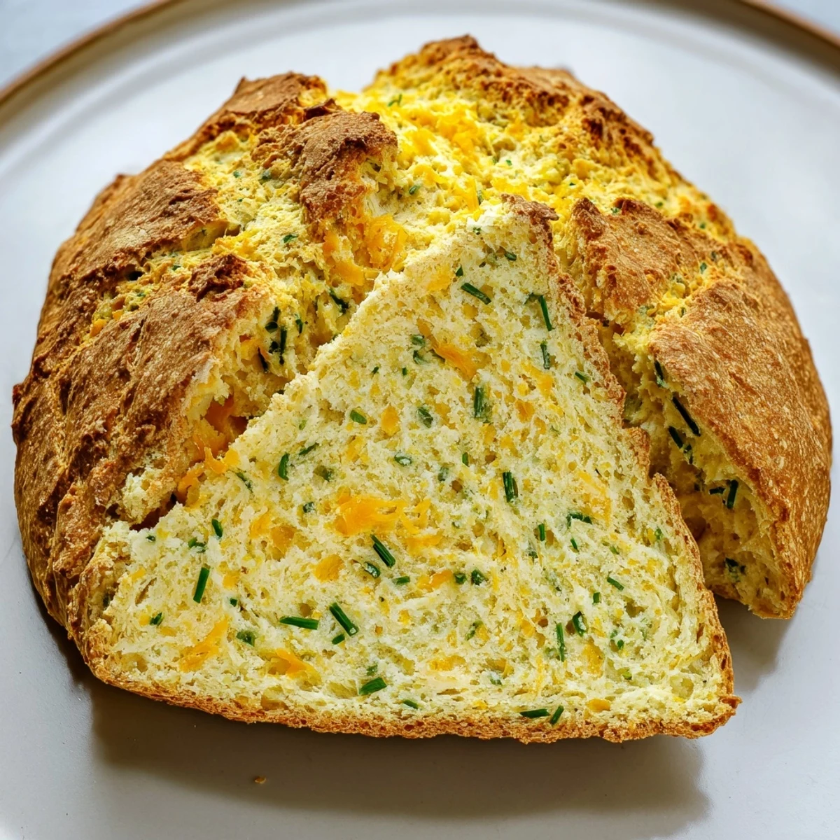 Warm Savory Herbed Cheddar Irish Soda Bread is served beside a steaming bowl of rich, creamy soup.