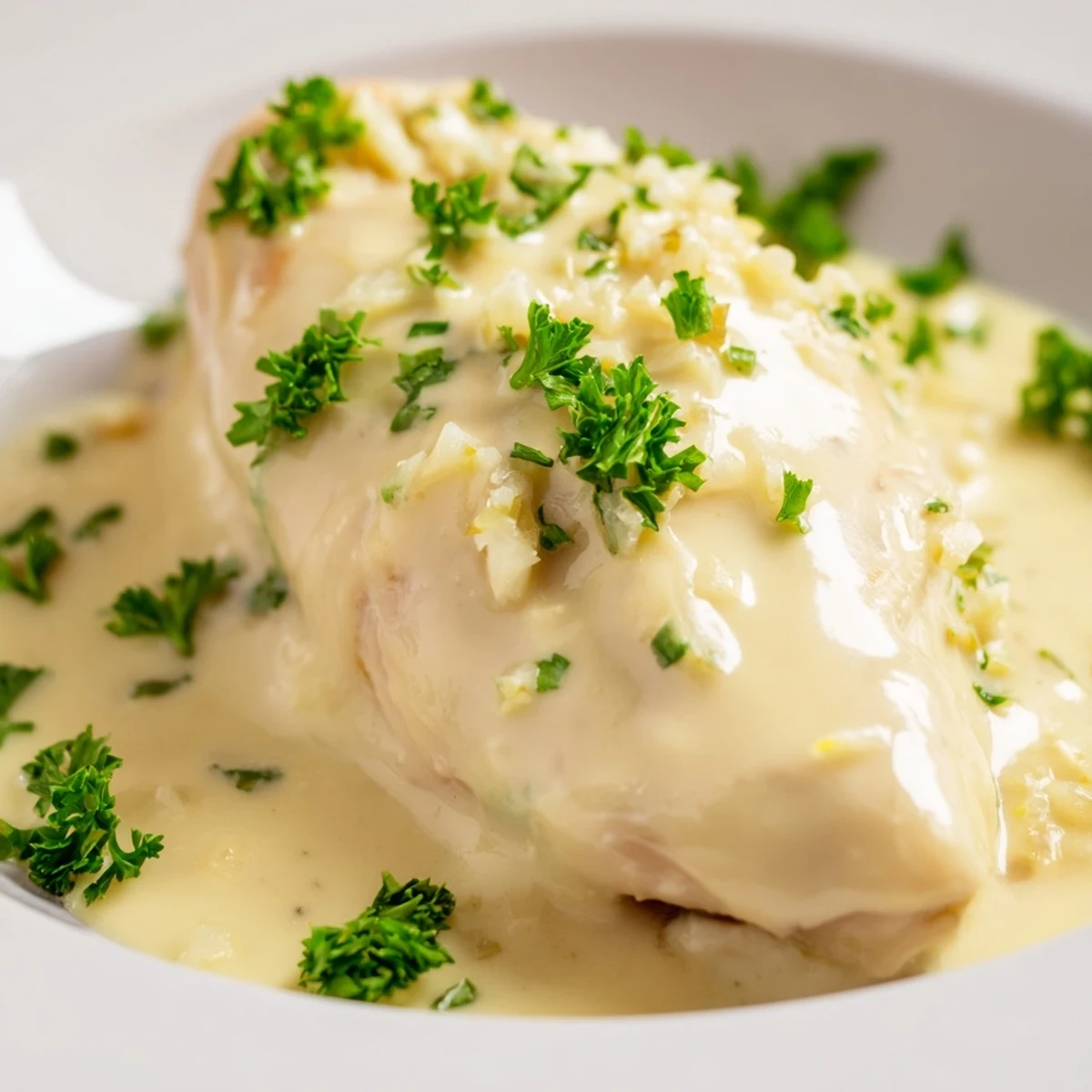 Creamy Boursin Chicken served over fluffy mashed potatoes with fresh parsley garnish and a rich, garlicky sauce.