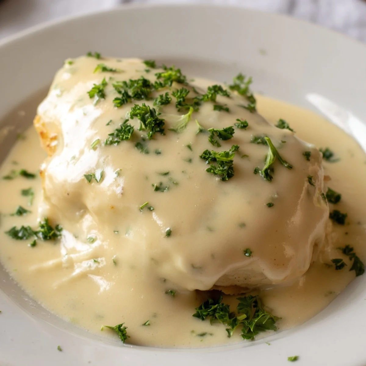 Golden chicken breasts simmered in a luscious Creamy Boursin Chicken sauce, garnished with herbs and served family-style for dinner.