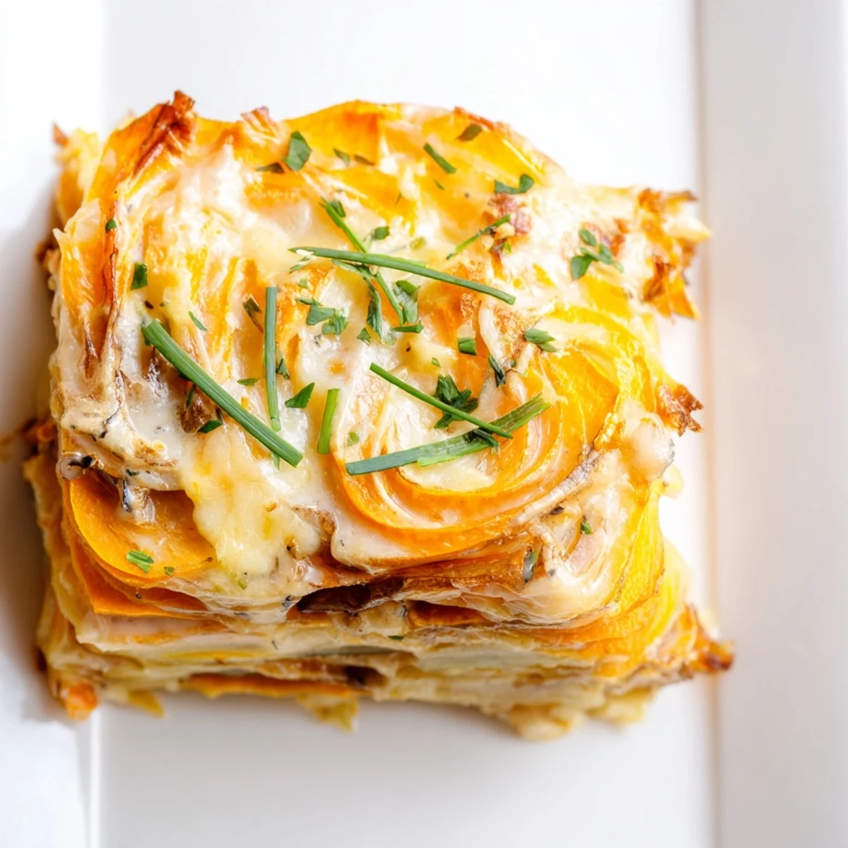 A close-up of Cheesy Sweet Potato Gratin with Caramelized Onions Delight showcasing golden-brown, bubbly cheese crust.