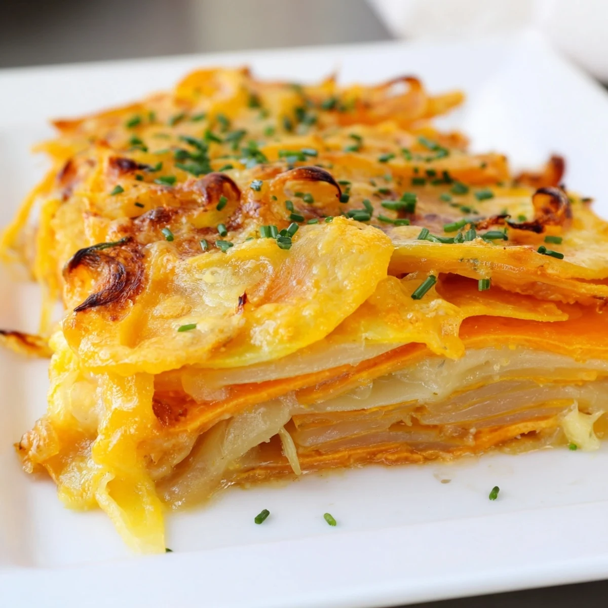Layers of sweet potatoes and caramelized onions in Cheesy Sweet Potato Gratin with Caramelized Onions Delight bake to perfection.