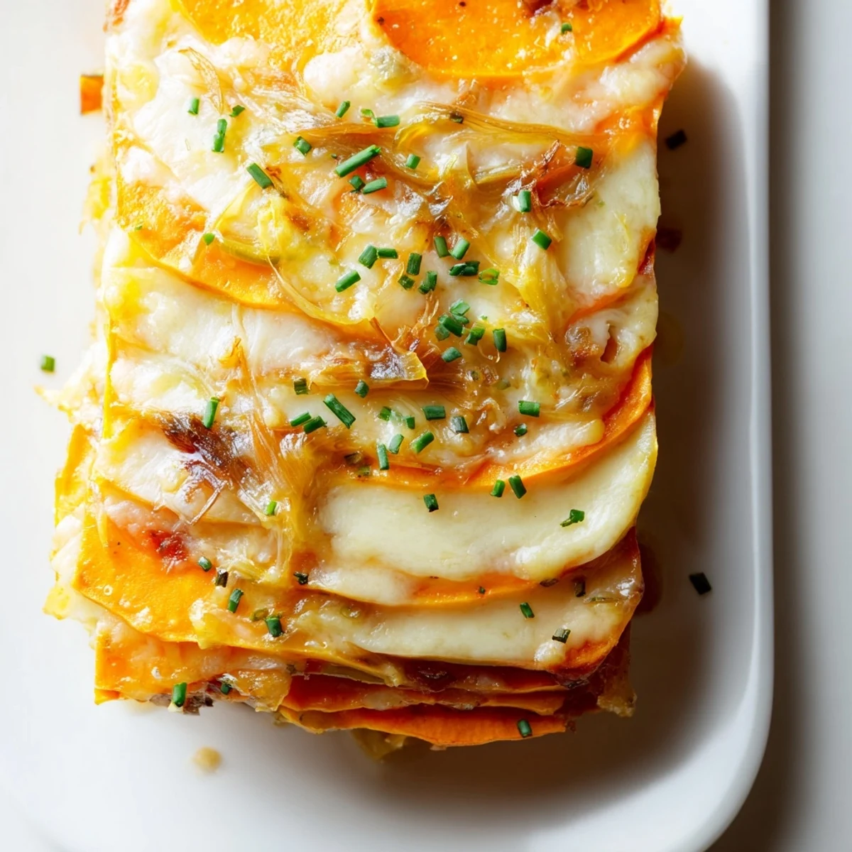 Serving suggestion for Cheesy Sweet Potato Gratin with Caramelized Onions Delight plated with fresh chives and a fork.