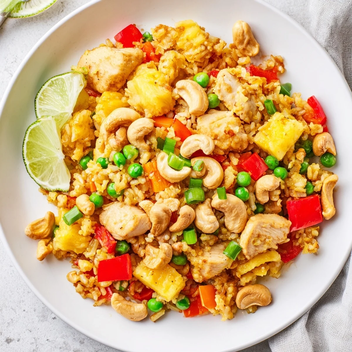 Fragrant Thai-style fried rice with tender chicken, sweet pineapple, and crunchy cashews for a weeknight dinner. 