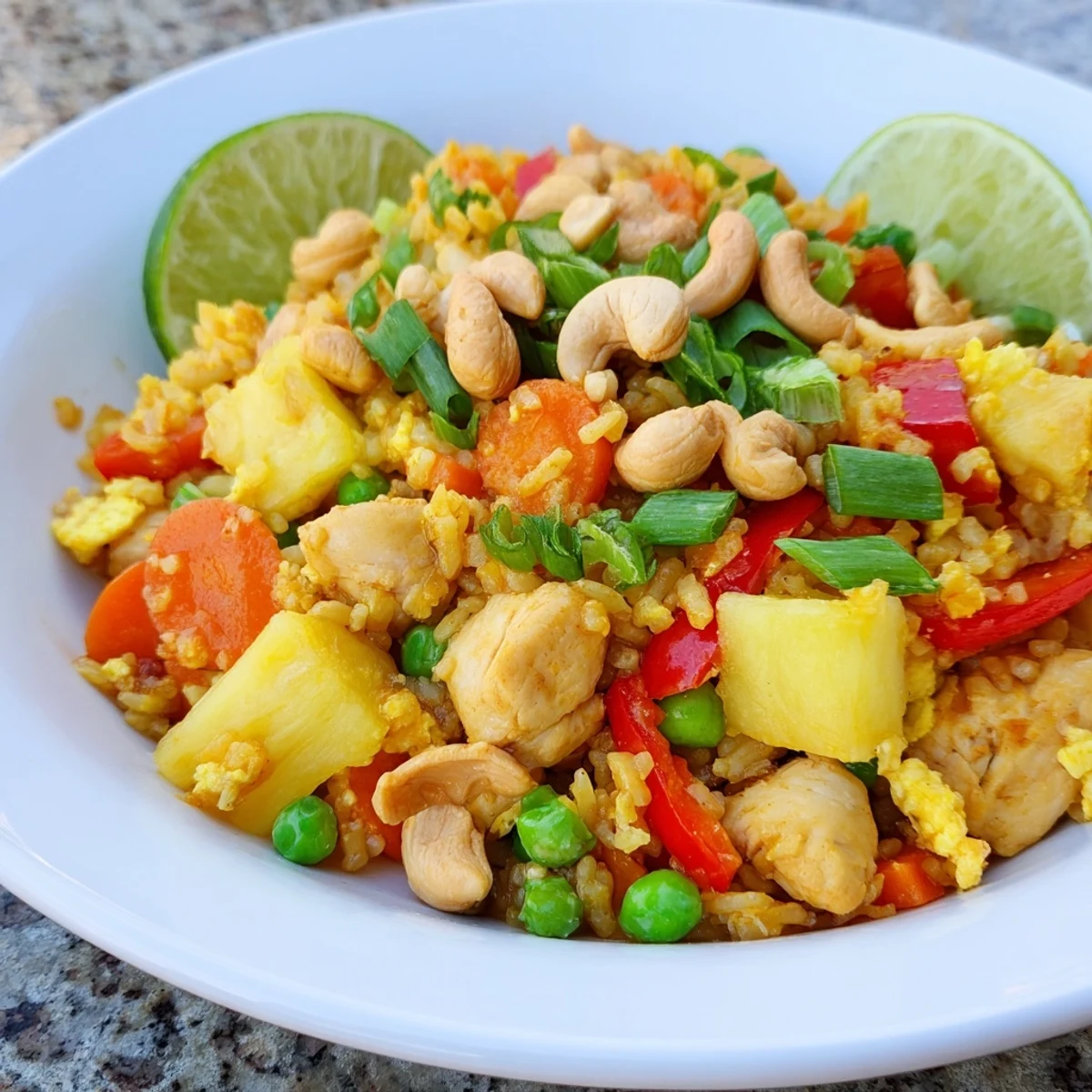 Golden Pineapple Chicken Fried Rice with Cashews glistens in a bowl beside fresh lime wedges. 