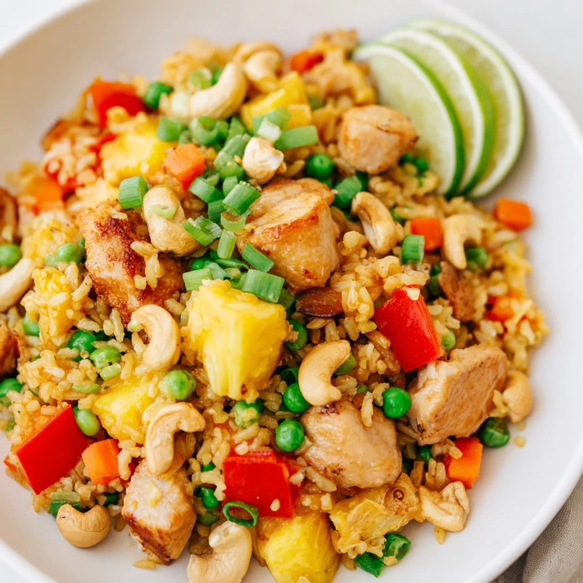 Sizzling Pineapple Chicken Fried Rice with Cashews features colorful vegetables and a savory sauce in a skillet.