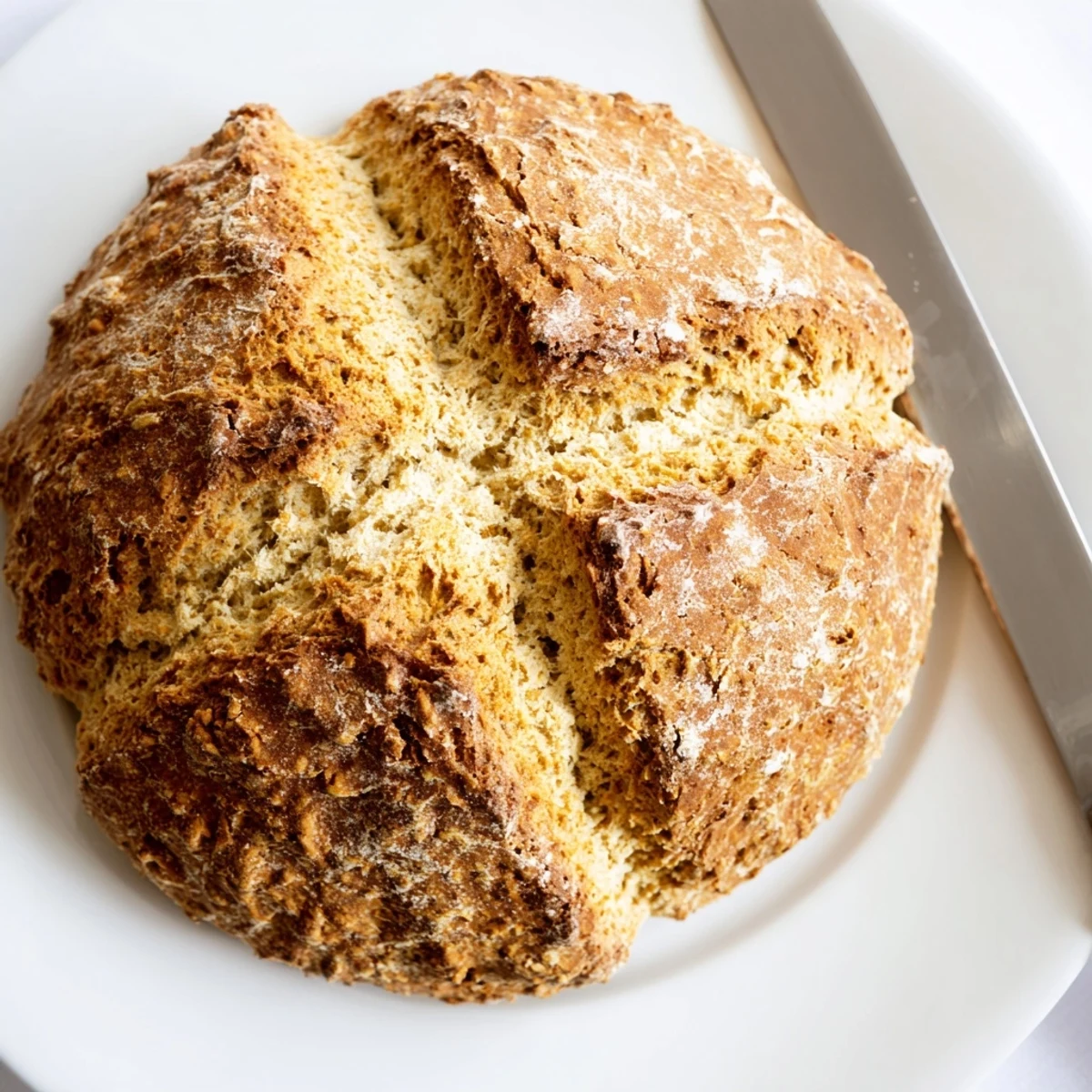 A freshly baked Authentic 4-Ingredient Irish Soda Bread with a golden crust, sliced to reveal a tender, dense crumb ready for breakfast.