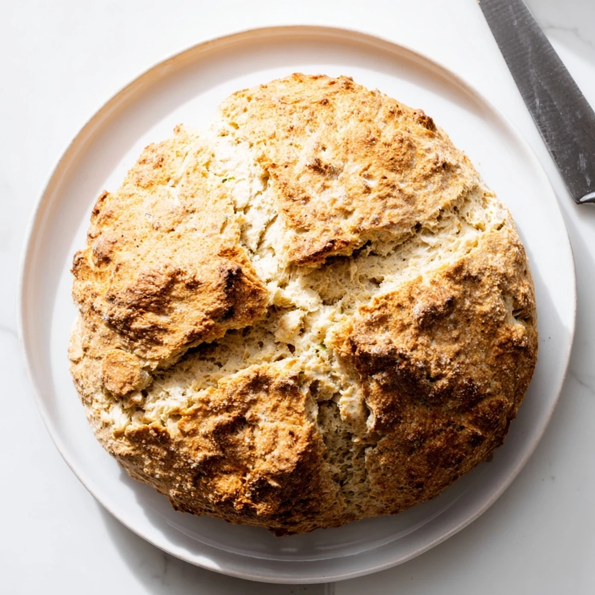 The rustic Authentic 4-Ingredient Irish Soda Bread rests on a wooden board, showcasing its thick, textured crust and soft interior.