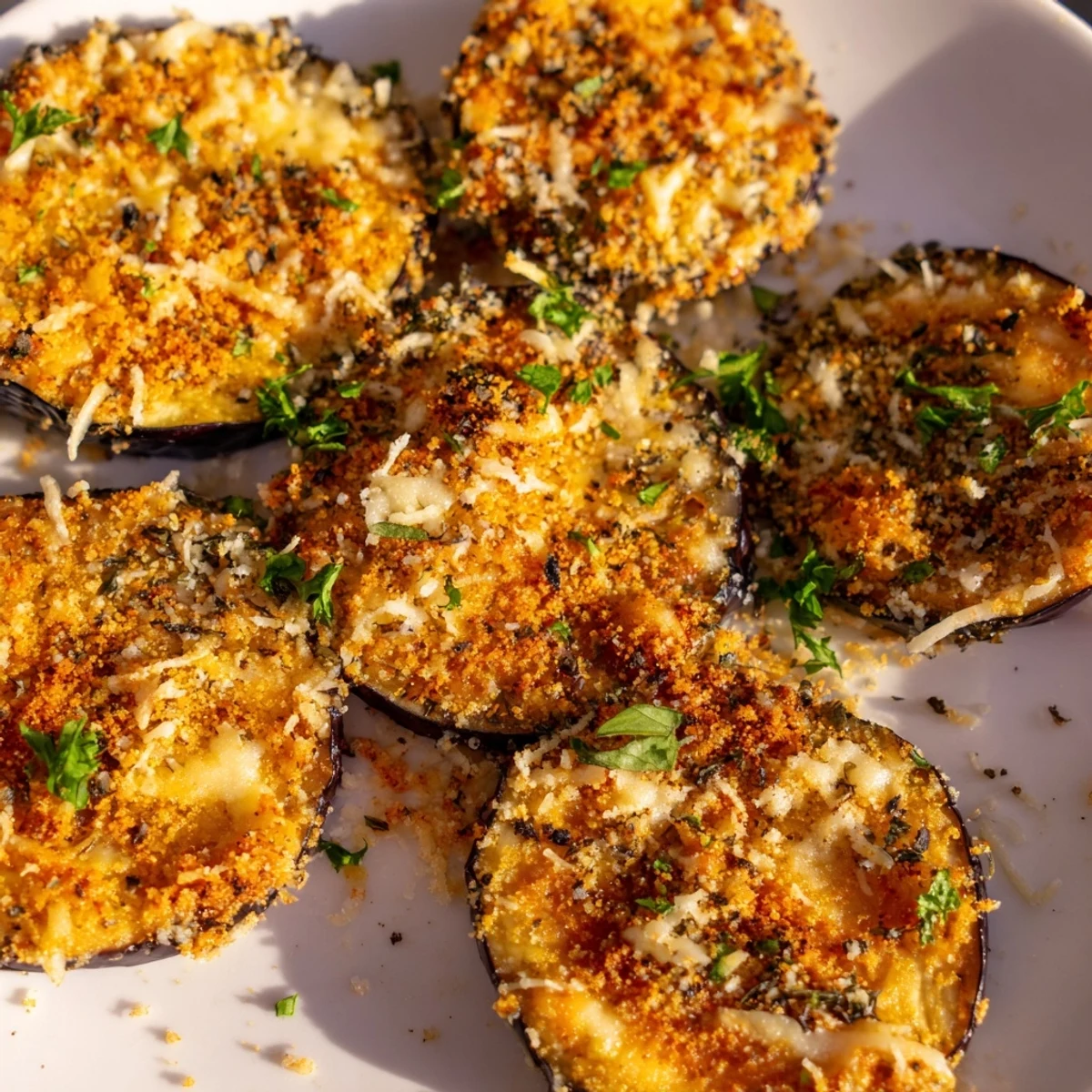 Freshly baked Mediterranean Roasted Eggplant & Parmesan Crisps with savory aroma, presented with a glass of chilled white wine.