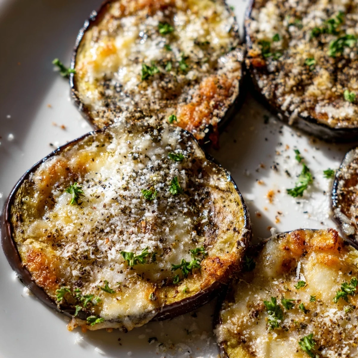 Mediterranean Roasted Eggplant & Parmesan Crisps arranged on a white plate, showcasing bubbly cheese and fresh parsley garnish.