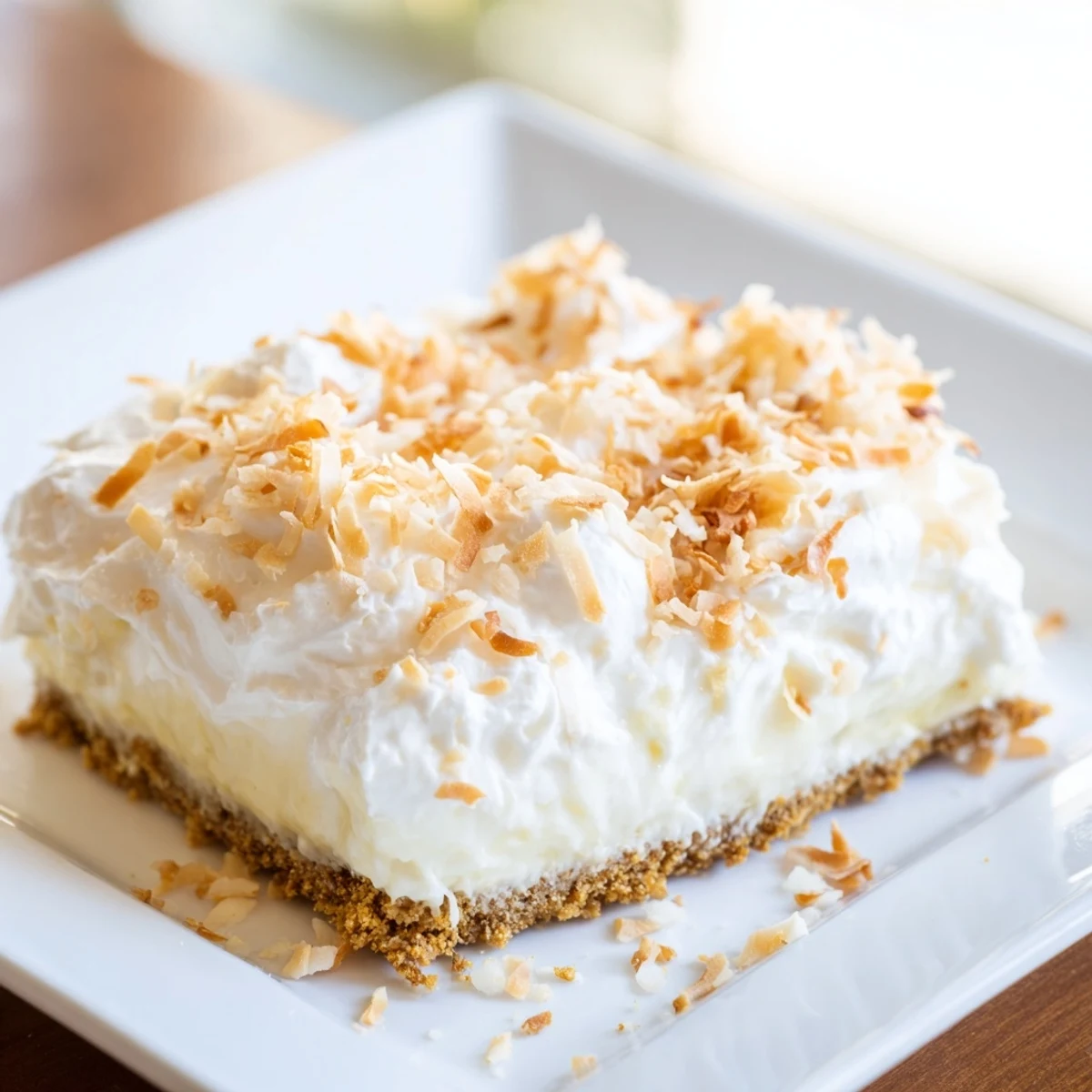 Golden toasted coconut flakes sprinkle over a creamy Coconut Cream Dream Bars slice, revealing a crisp graham crust and fluffy whipped topping.