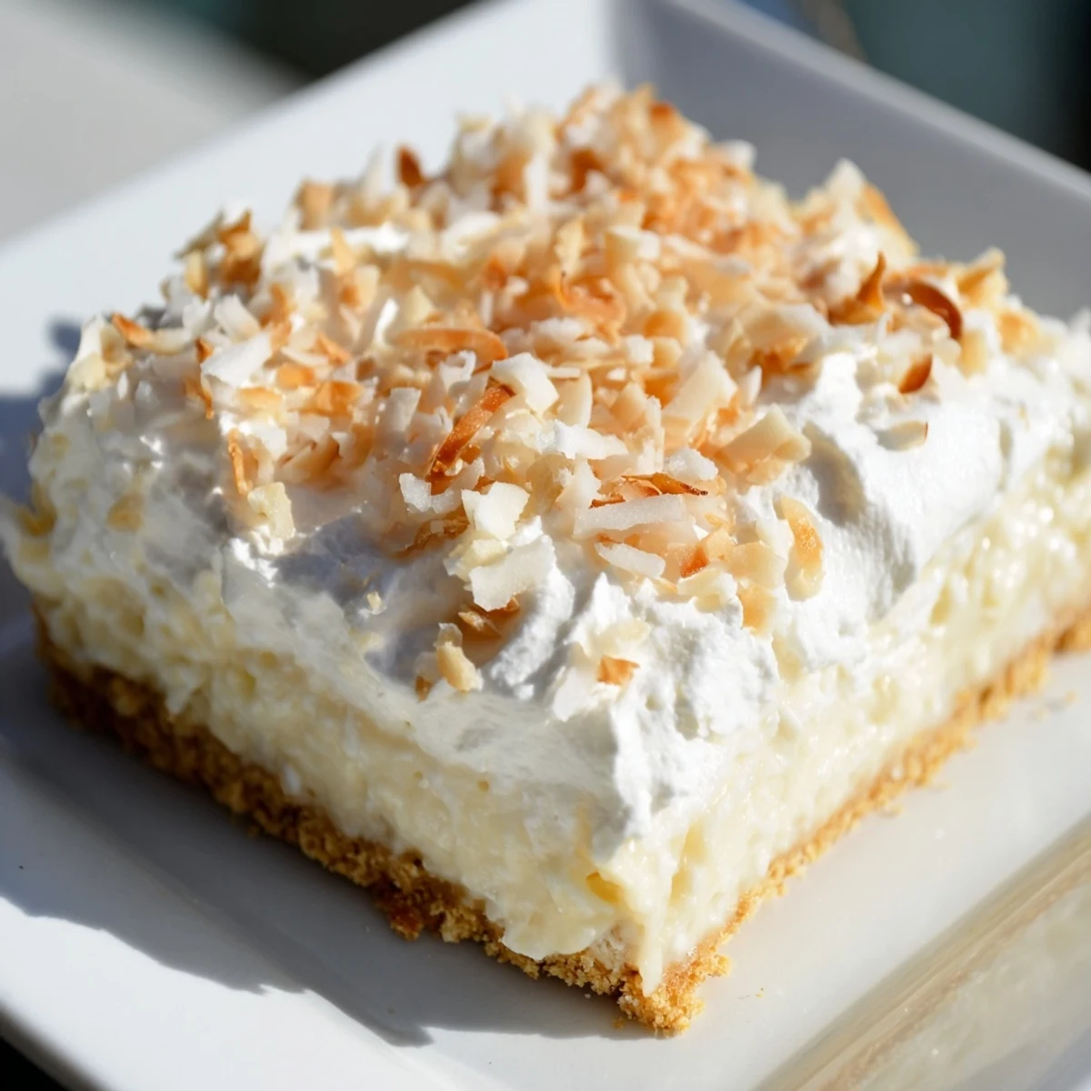 Chilled Coconut Cream Dream Bars are plated with a fork, highlighting the luscious creamy layers and toasted coconut garnish for serving.