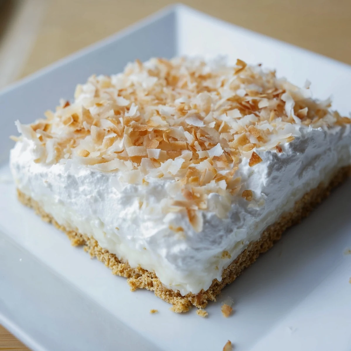 Warm Coconut Cream Dream Bars sit on a rustic wooden board, showcasing a smooth coconut filling and a delicate crumbly graham cracker base.