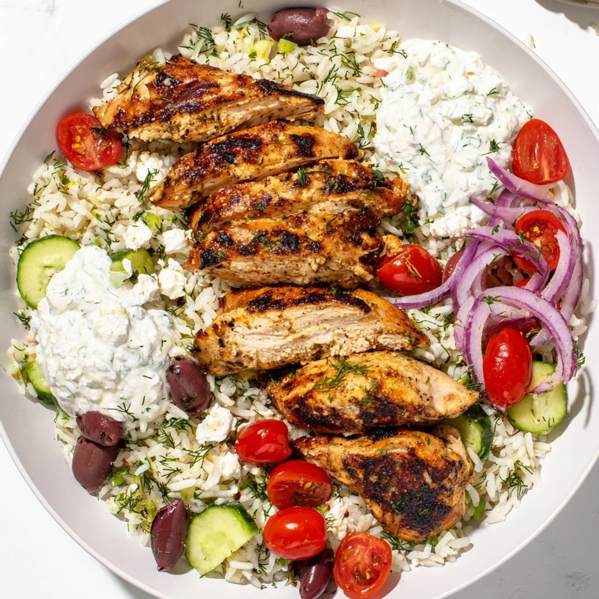 Freshly grilled Greek Chicken Bowls with herbed rice, vibrant veggies, and creamy tzatziki sauce drizzled on top.