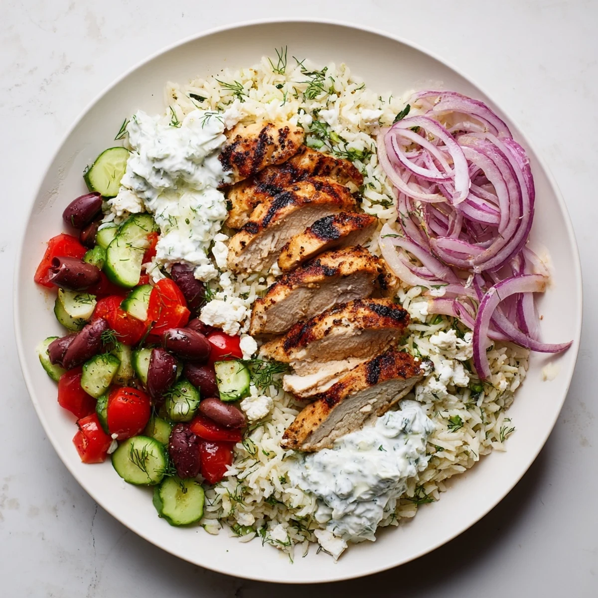 A delicious gluten-free Greek Chicken Bowls meal with tender meat and tangy tzatziki ready for a healthy dinner.