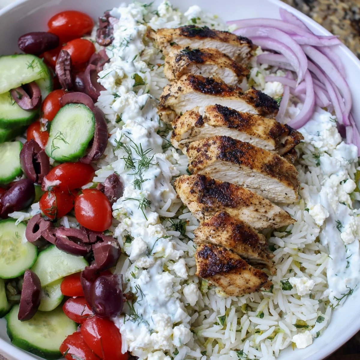 Sliced marinated chicken breast served over dill-infused rice with cucumber tomatoes feta and olives in a bowl.