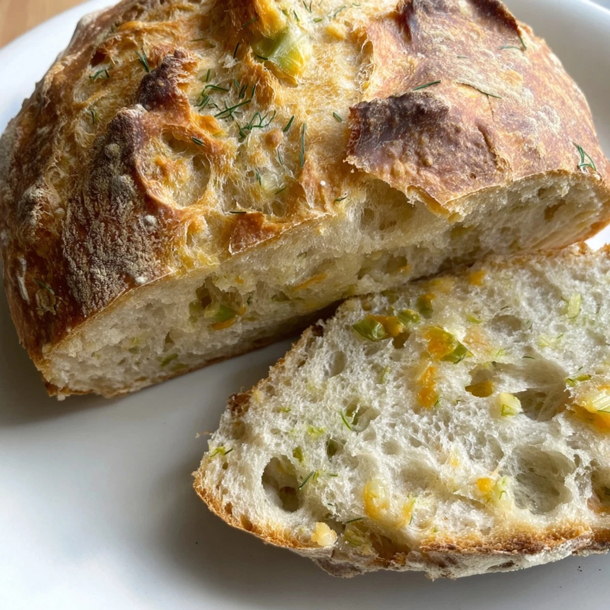 Freshly baked No-Knead Dill Gouda Artisan Bread showing a thick, crusty exterior and soft, airy crumb with herbs and cheese.
