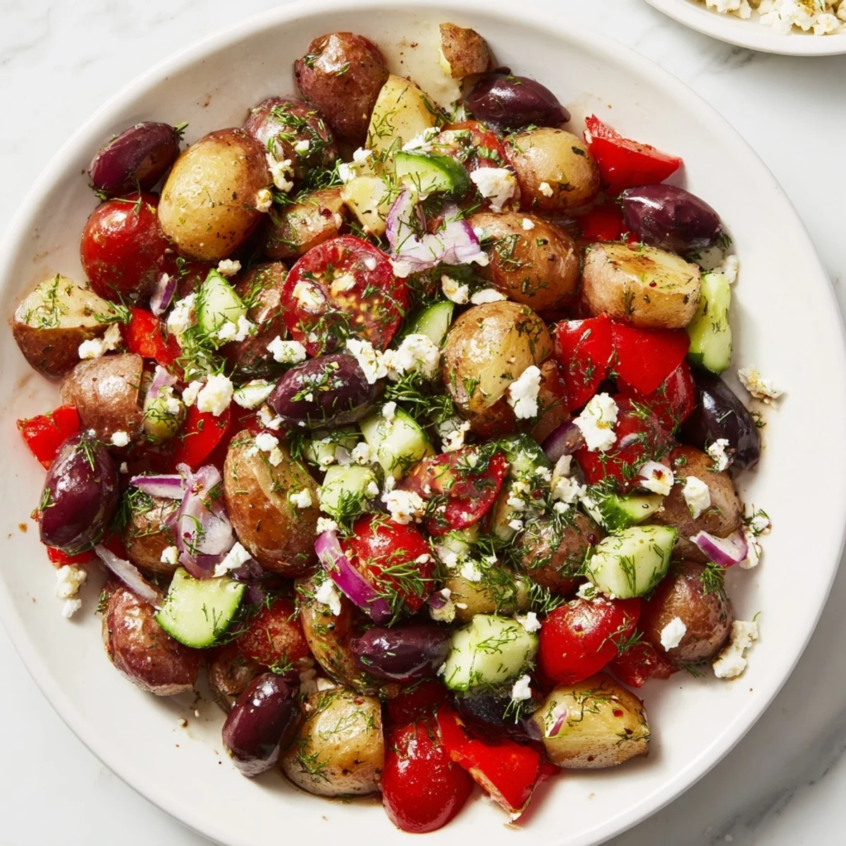 A close-up of the Refreshing Olive Greek Potato Salad shows tender potato chunks coated in tangy dressing with Kalamata olives, feta, and crisp veggies.