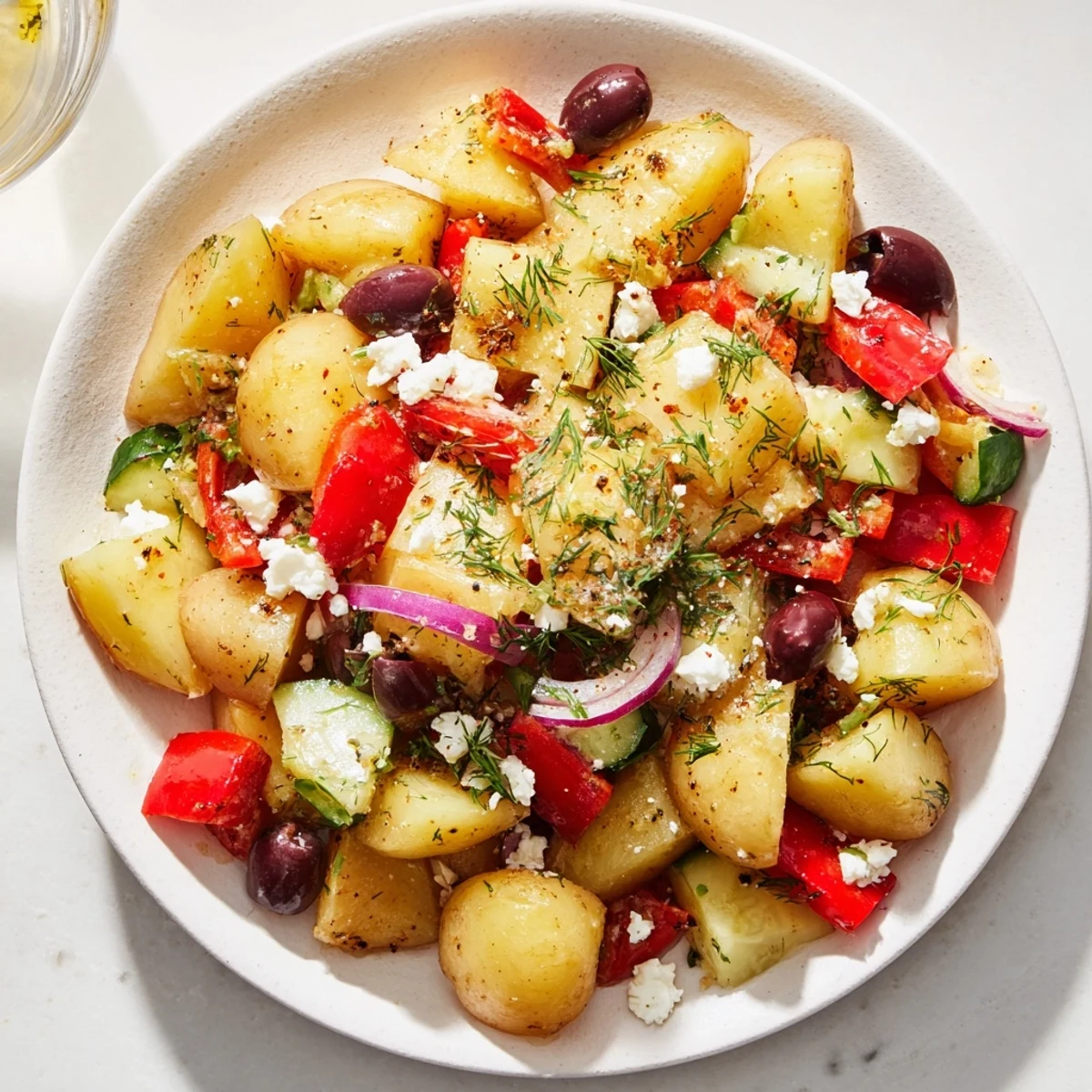 Fresh parsley and dill garnish the Refreshing Olive Greek Potato Salad, featuring cherry tomatoes and cucumber beside a chilled serving bowl at a sunny table.