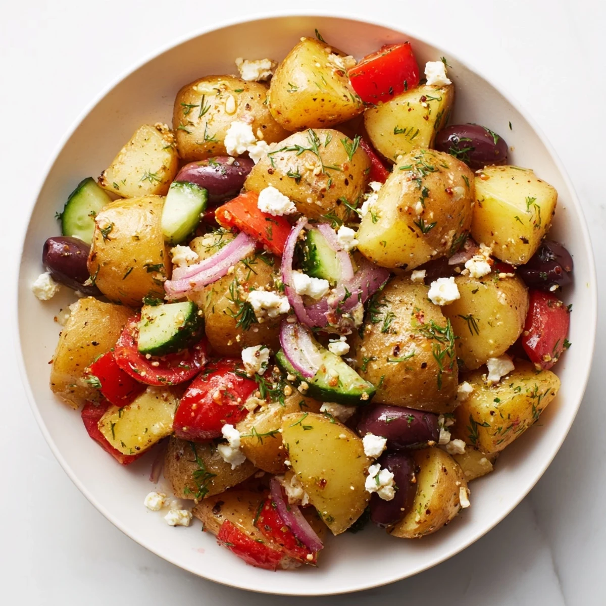 In this overhead view, the Refreshing Olive Greek Potato Salad blends briny olives, creamy feta, and vibrant red onion with glistening dressing for summer gatherings.
