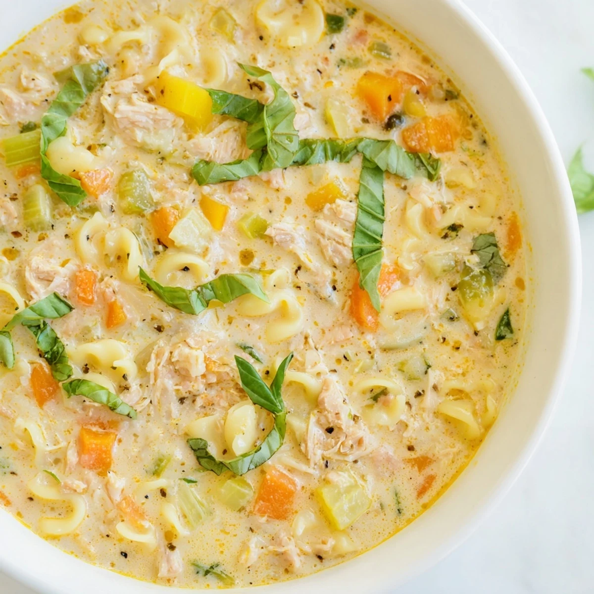 Steamy slow cooker filled with Crock Pot Creamy Chicken Parmesan Soup, showing shredded chicken and carrots in rich broth.
