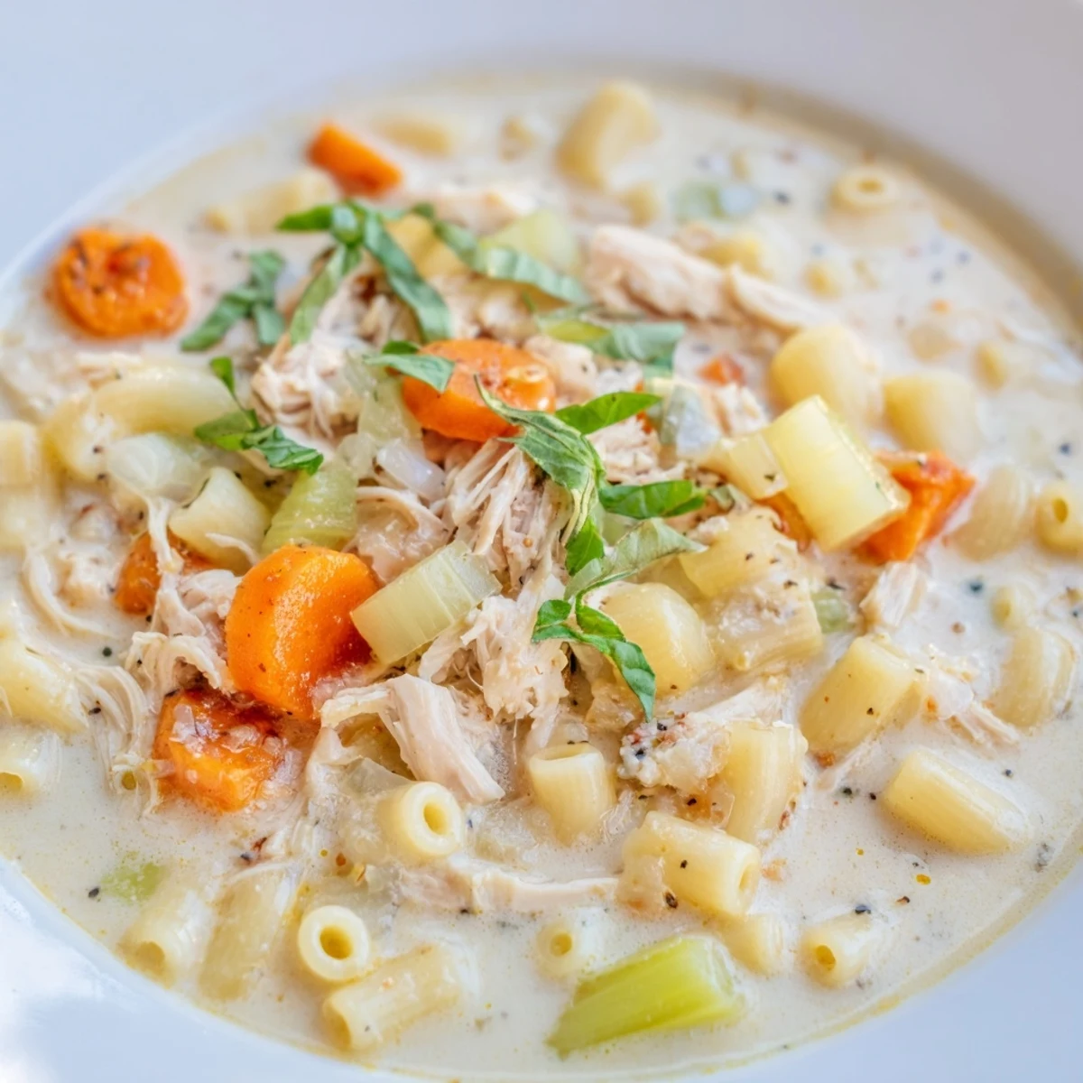 Delicious bowl of Crock Pot Creamy Chicken Parmesan Soup paired with crusty bread on a rustic wooden table.