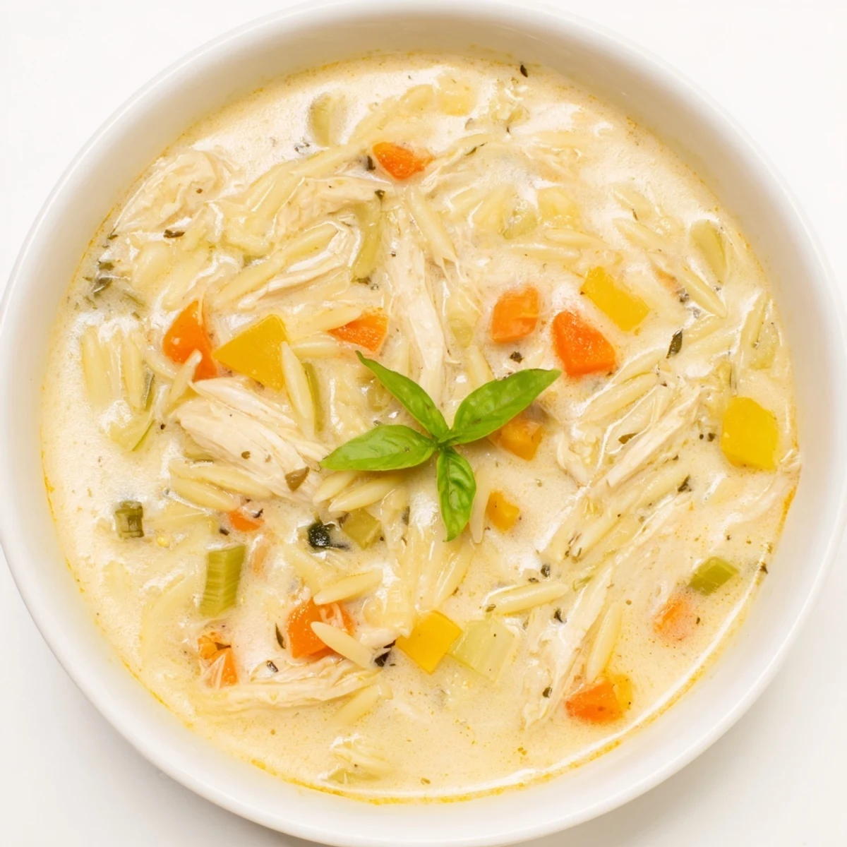 A close-up of Crock Pot Creamy Chicken Parmesan Soup bowl garnished with basil and melted Parmesan cheese.