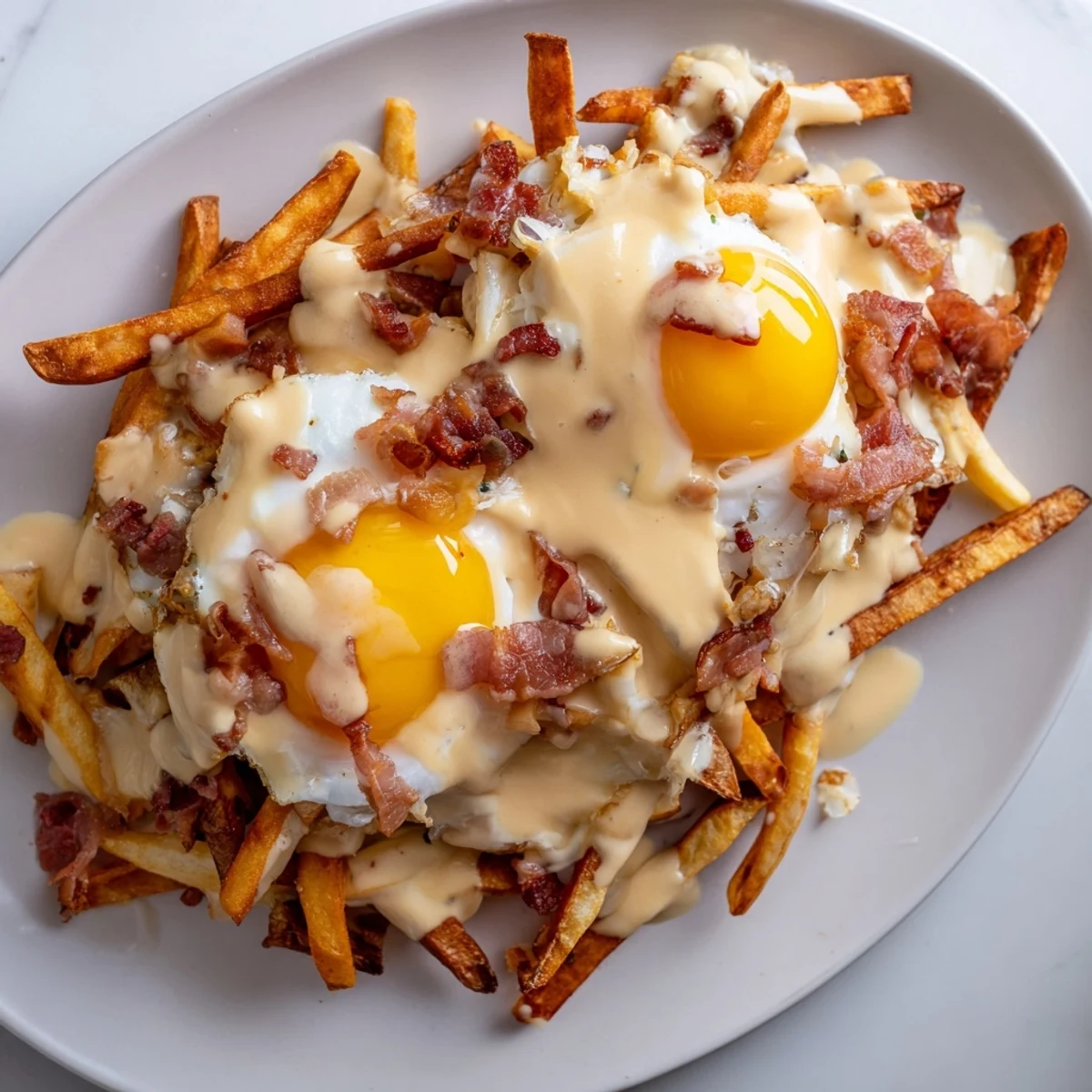 Crispy golden fries topped with cheese curds, poached eggs, and creamy hollandaise for the Ultimate Breakfast Poutine.