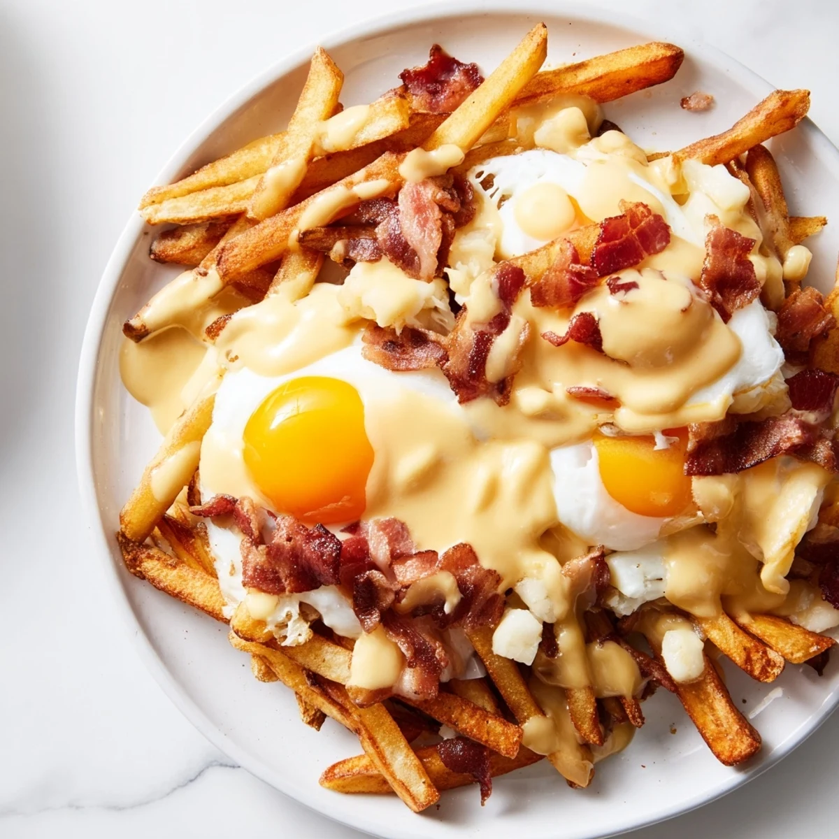 Serving the Ultimate Breakfast Poutine hot from the oven with melted curds and fresh green onions.