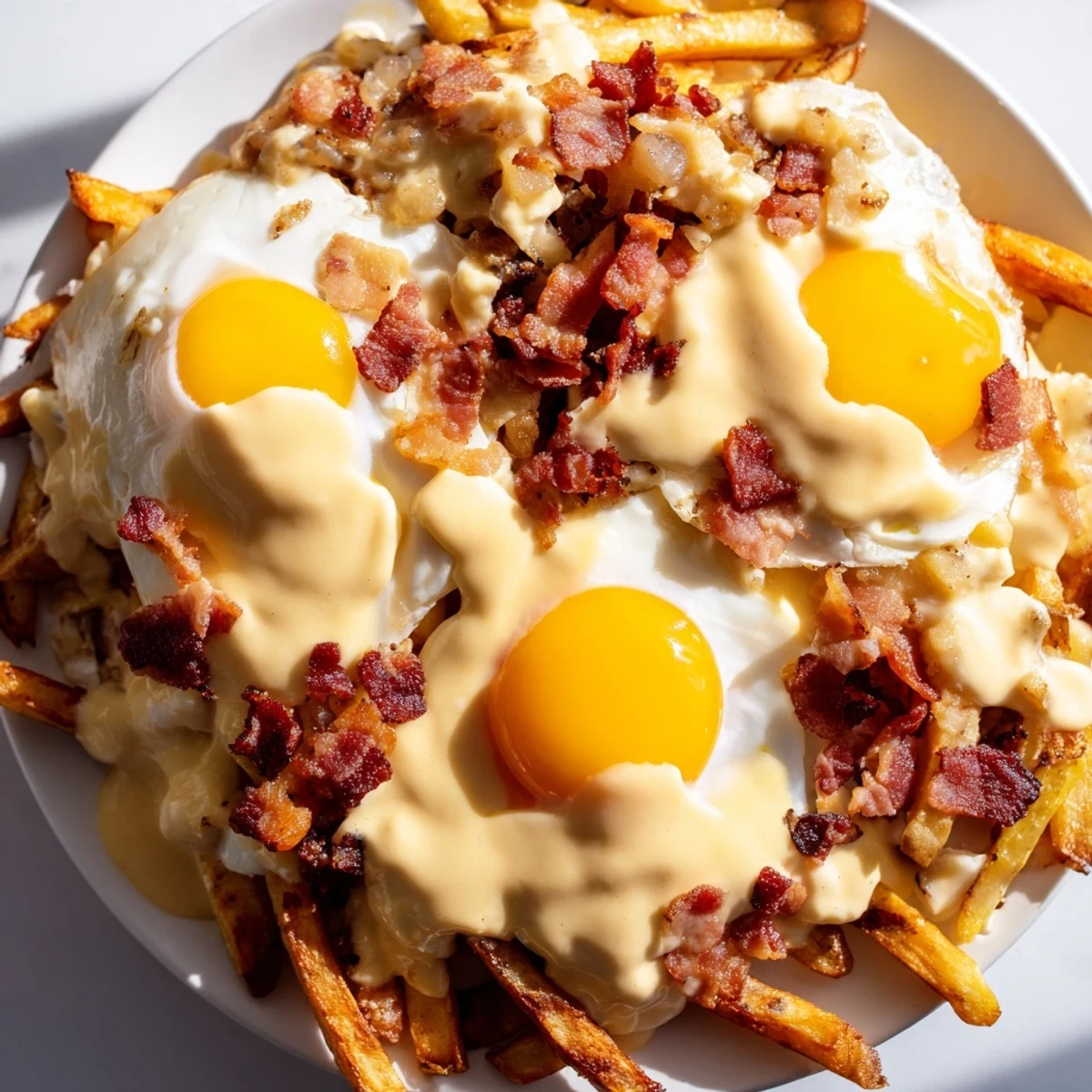 A decadent Ultimate Breakfast Poutine drizzled with rich hollandaise sauce and garnished for a brunch plate.