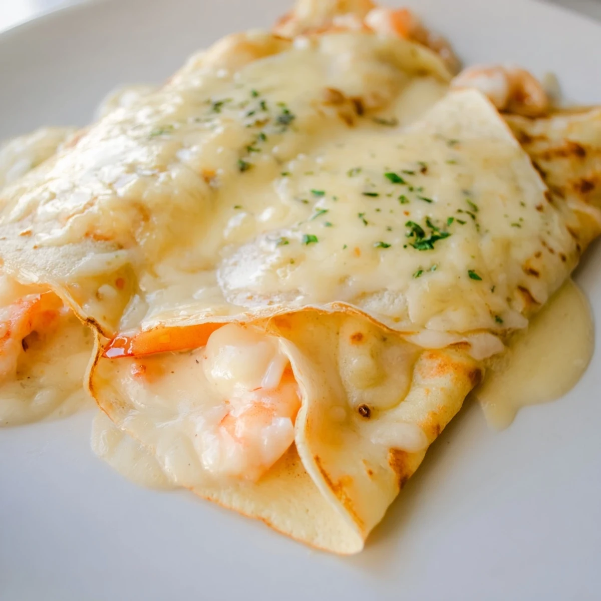 Close-up of rolled Gourmet Seafood Crêpes with rich béchamel sauce and fresh parsley garnish for a French dinner.  