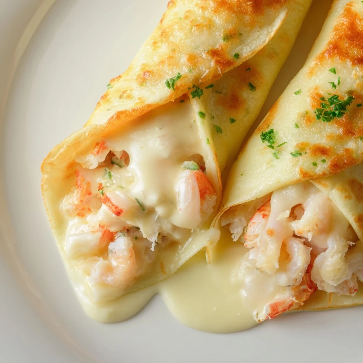 Golden-brown Gourmet Seafood Crêpes filled with shrimp and crab, topped with creamy béchamel and baked until bubbly.  