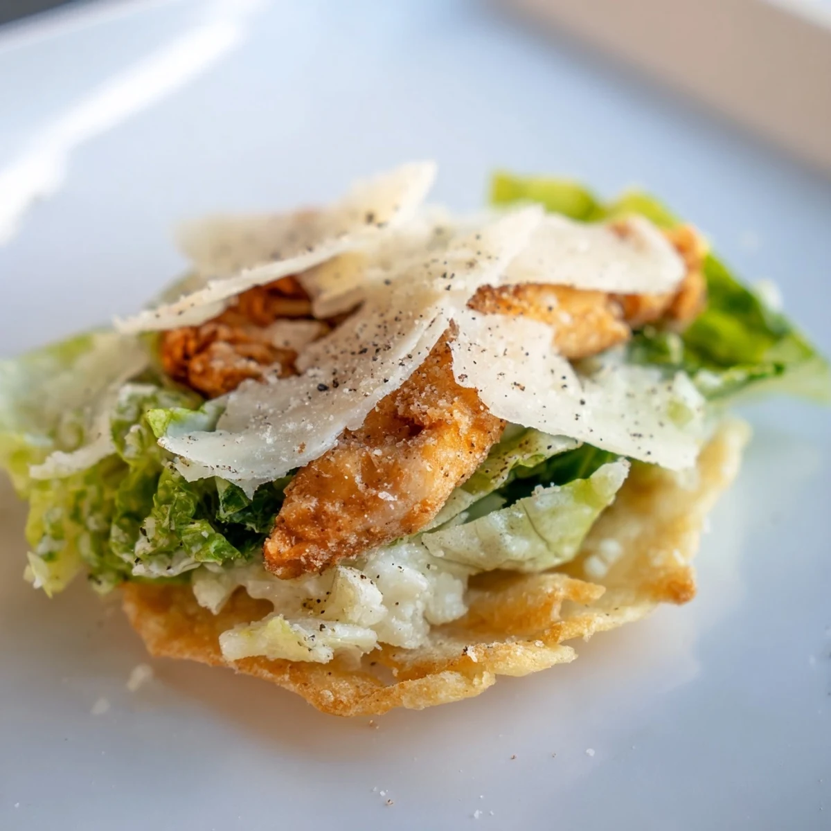 A close-up of Crispy Chicken Caesar Salad Chips showcasing crunchy panko-coated chicken pieces layered over crisp lettuce and baked potato slices.